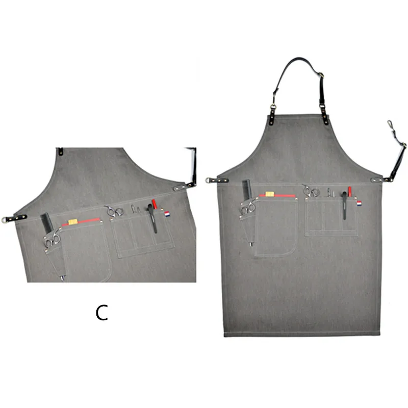 Серый джинсовый фартук из воловьей кожи на ремешке Парикмахерская