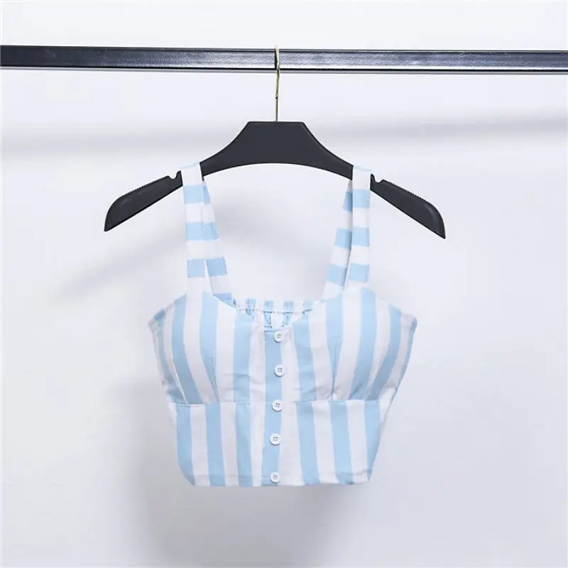 Новые летние сексуальные женские полосатые короткие топы без рукавов Cami Vest Camisole милые топы на пуговицах