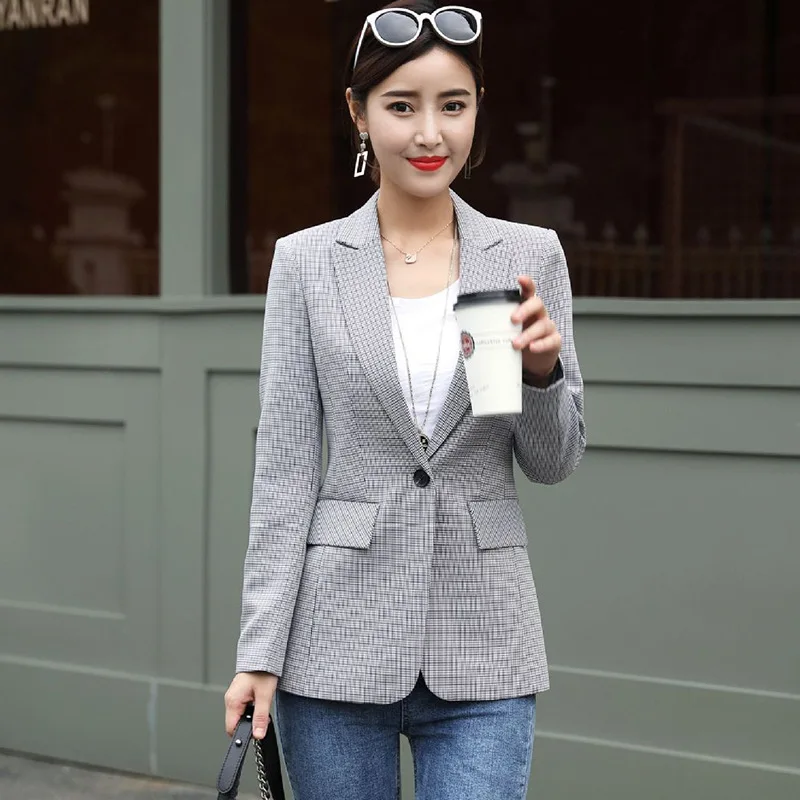 Женский офисный блейзер с длинным рукавом пиджак в шотландскую клетку | Женская