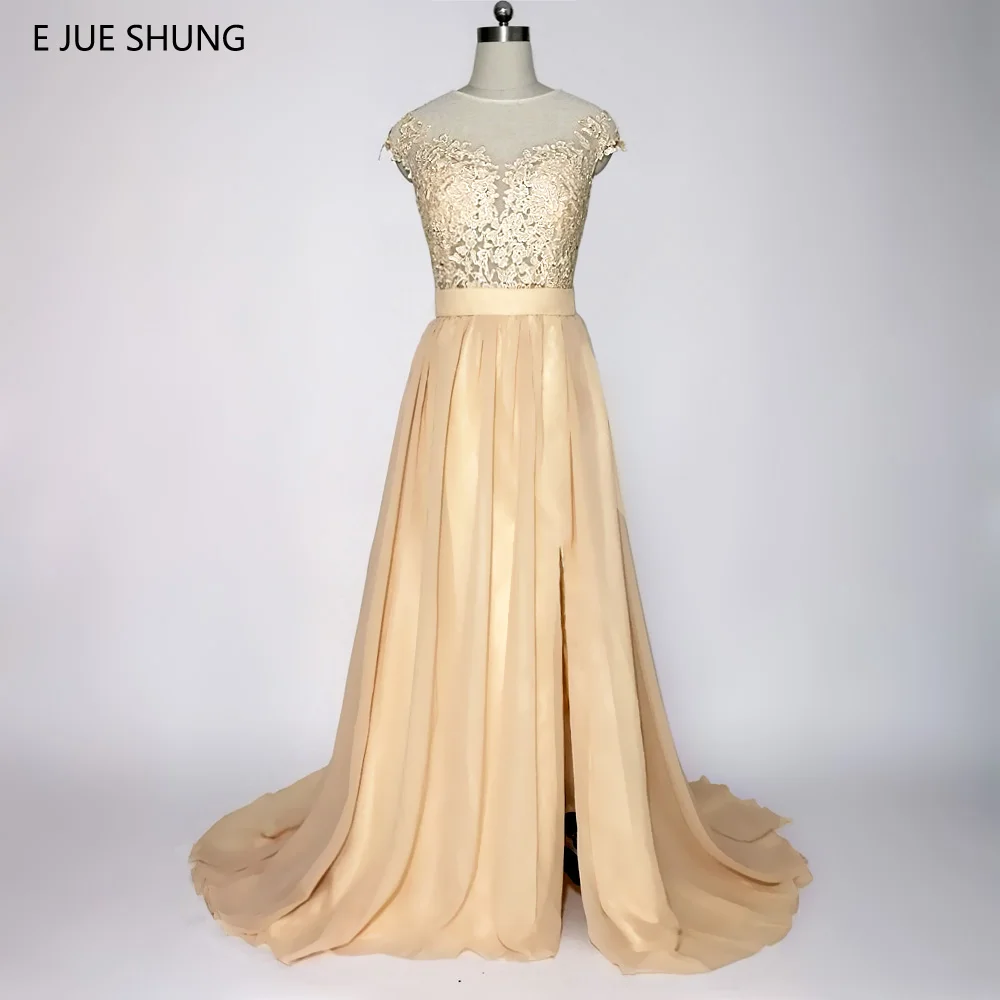 

E JUE SHUNG Champagne Lace Appliques Cheap Evening Dresses Long Cap Sleeves Side Slit Formal Dresses Evening Gowns