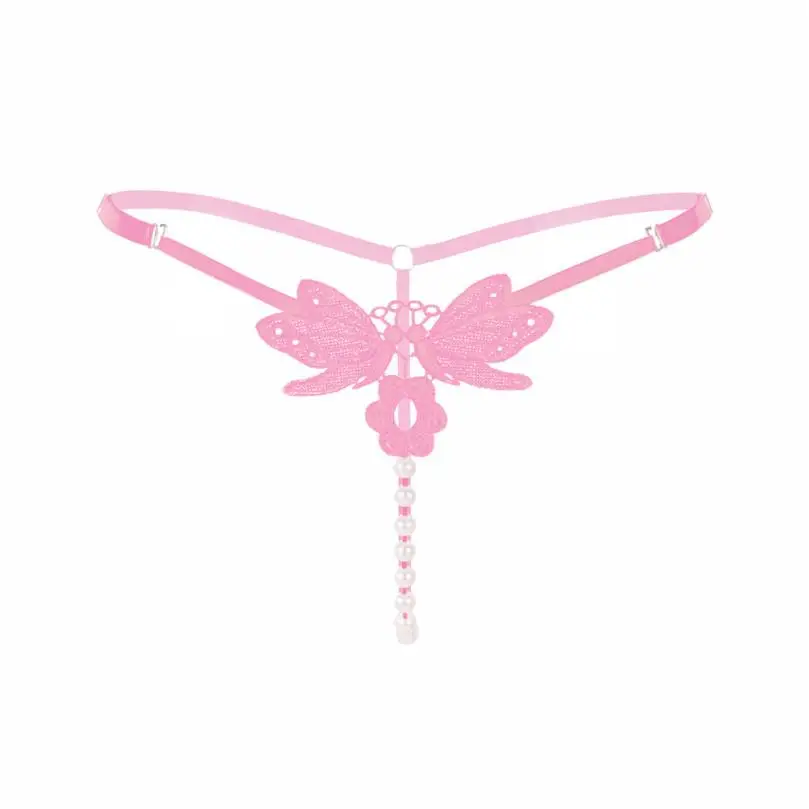 Pink Регулируемый пикантные женские туфли с вышивкой в виде бабочек и стринги с жемчугом-строка трусики для женщин Регулируемый Размеры нижнее белье без шнуровки homme сексуальное женское белье - Цвет: Pink