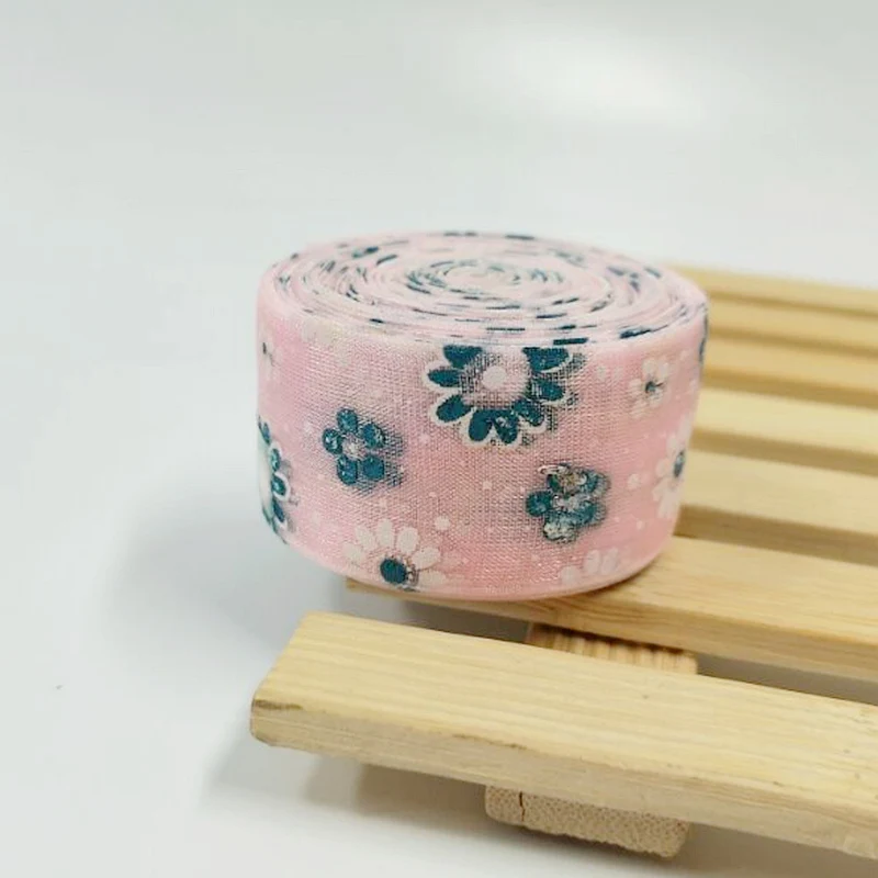 pink flower HL 6 ярдов " ширина печатных органза ленты для свадьбы Рождество декоративные поделки DIY подарок обёрточная бумага пояс A052 - Цвет: pink flower