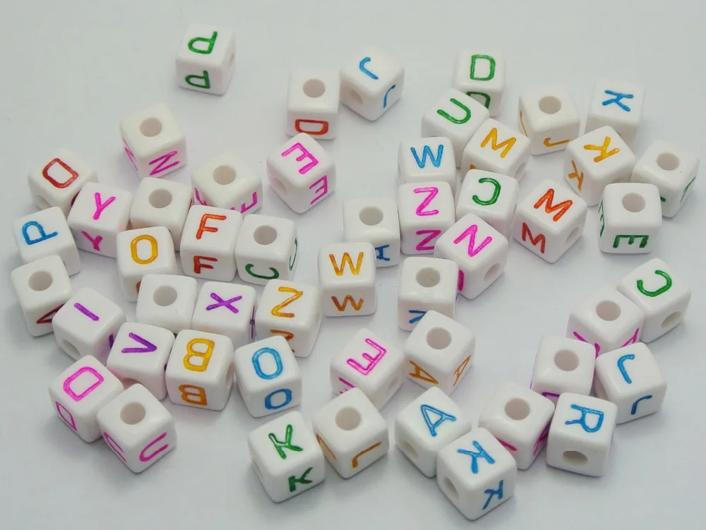 

100 White with Colorful Assorted Alphabet Letter Cube Beads 9X9mm