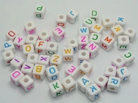 100 white with colorful assorted alphabet letter cube beads 9x9mm