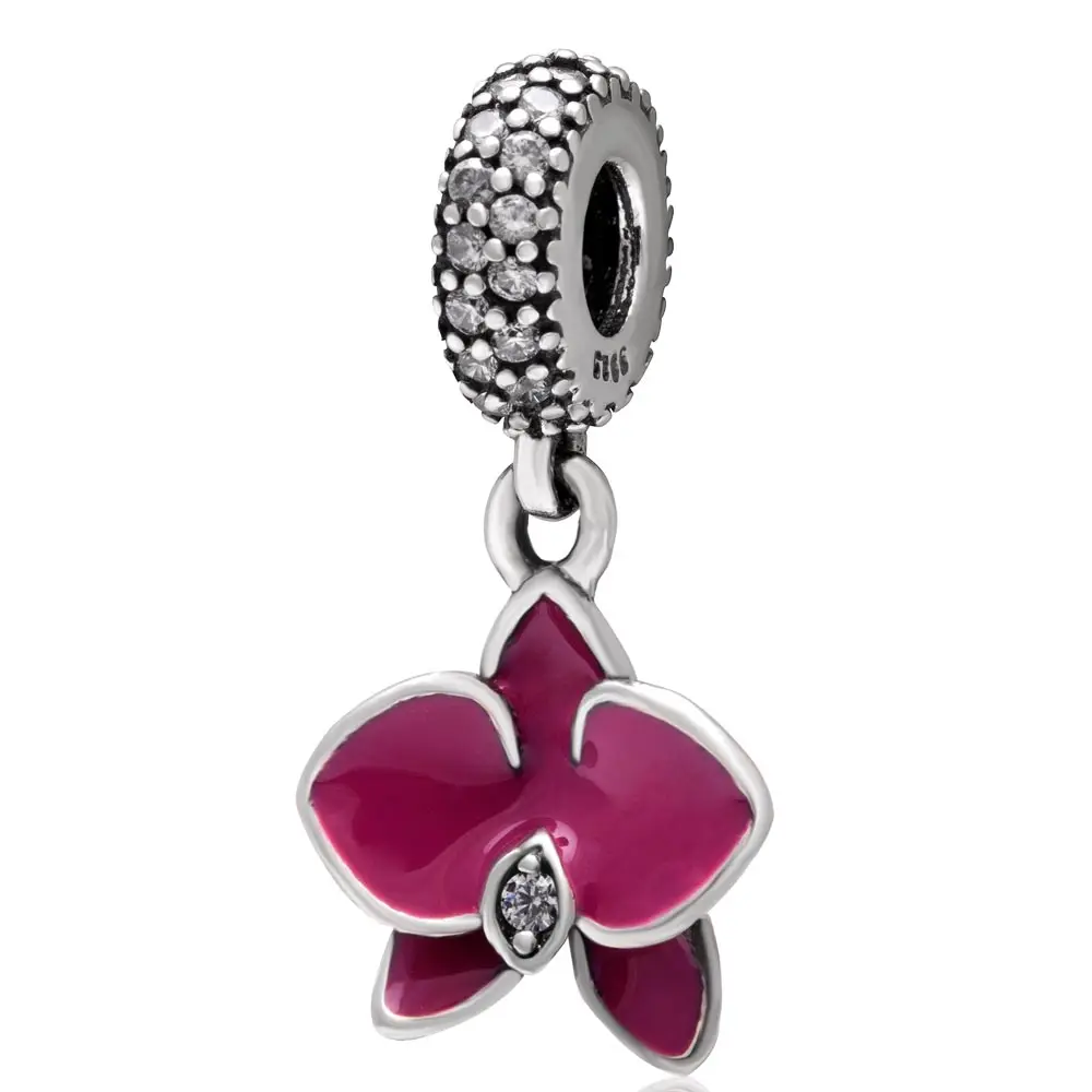 Purple OrchidDangle Choruslove, цветок магнолии, шарм, 925 пробы, серебряная Орхидея, бисер, Подходит для Pandora, амулеты, Цветочная серия, амулеты, сделай сам, браслет, ювелирное изделие - Цвет: Purple OrchidDangle