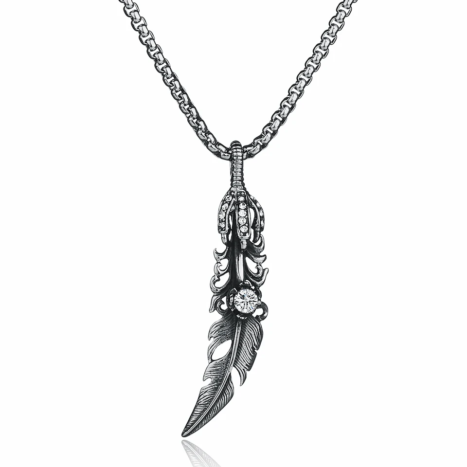 Antique Silver Yangqi Нержавеющая сталь кубический циркон перо ожерелье, подвеска в готическом стиле Стиль коготь перо стерлингового серебра ювелирные изделия мужские хип-хоп ювелирные украшения - Окраска металла: Antique Silver