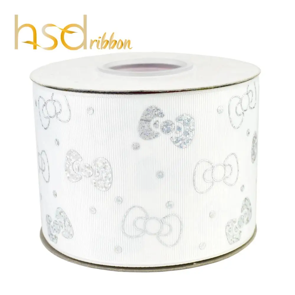 HSDRibbon 75mm 3 inch Laser Silver foil pattern on White and Pink Grosgrain Ribbon | Дом и сад