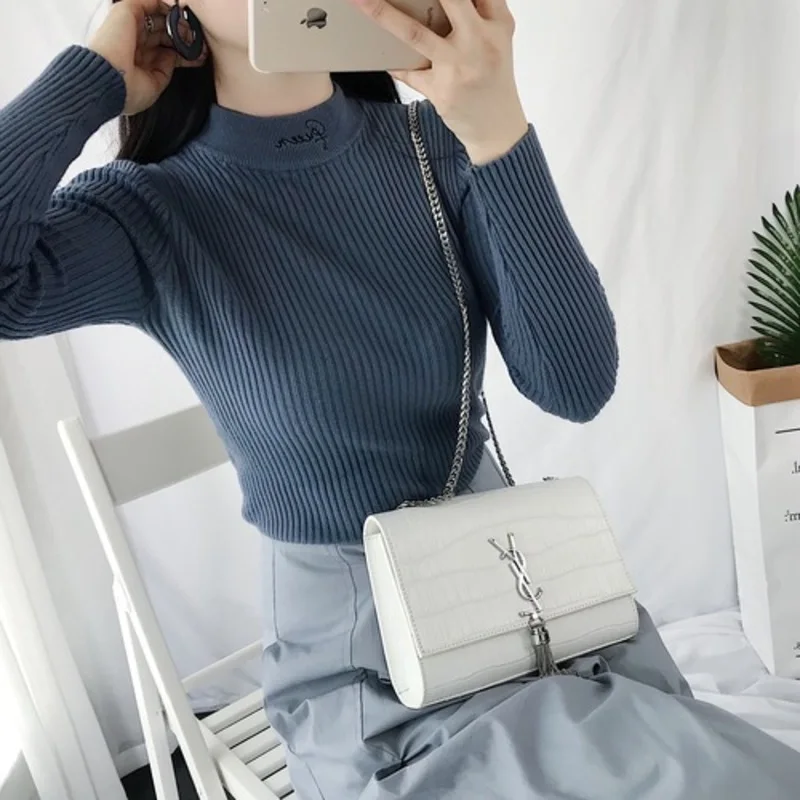 Genayooa Letter Sweater Woman Autumn And Winter Knitted Green Womens Pullover Long Sleeve Sweaters Slim Elastic | Женская одежда