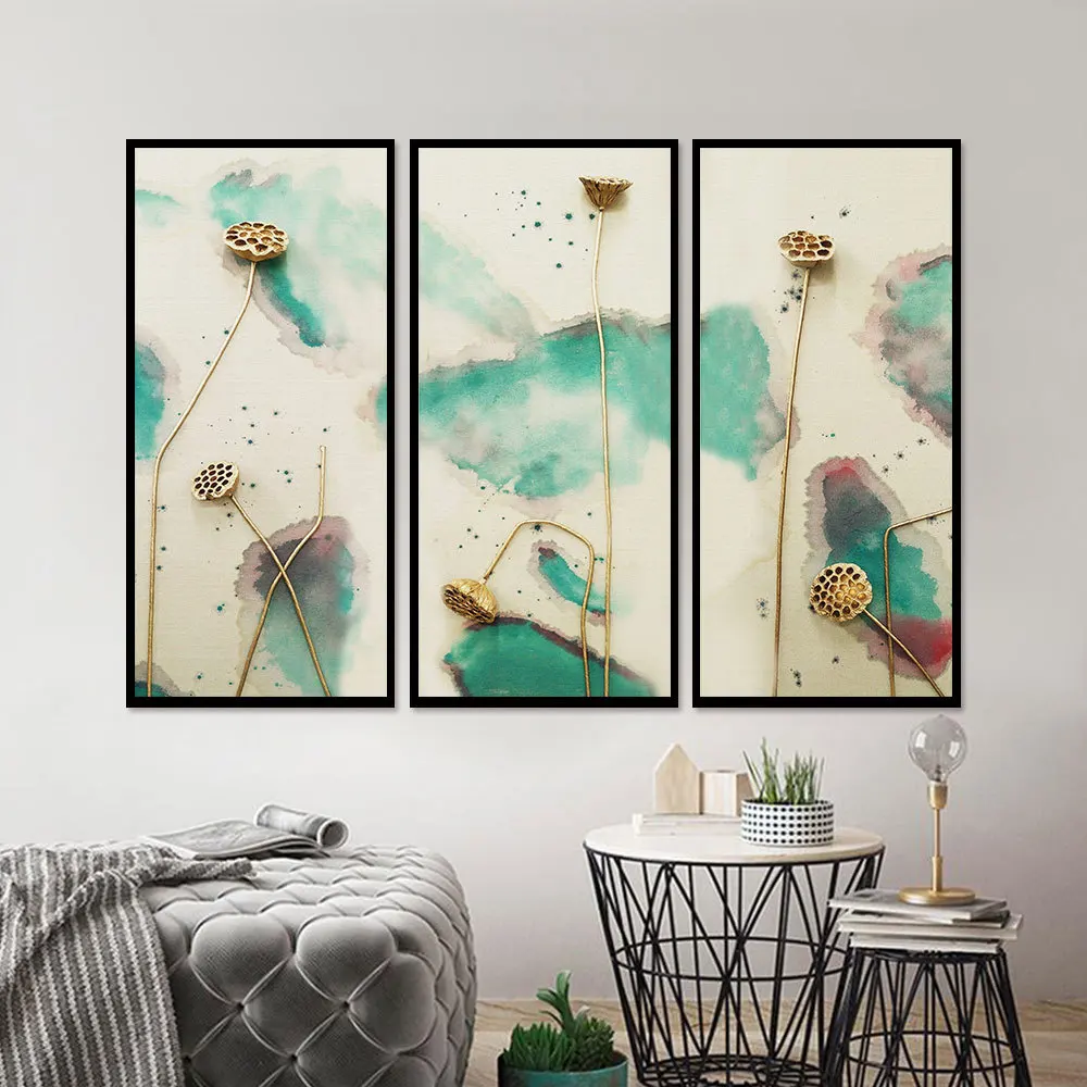 3 шт. цветочный Лотос китайская зеленая и серая картина искусственная настенный