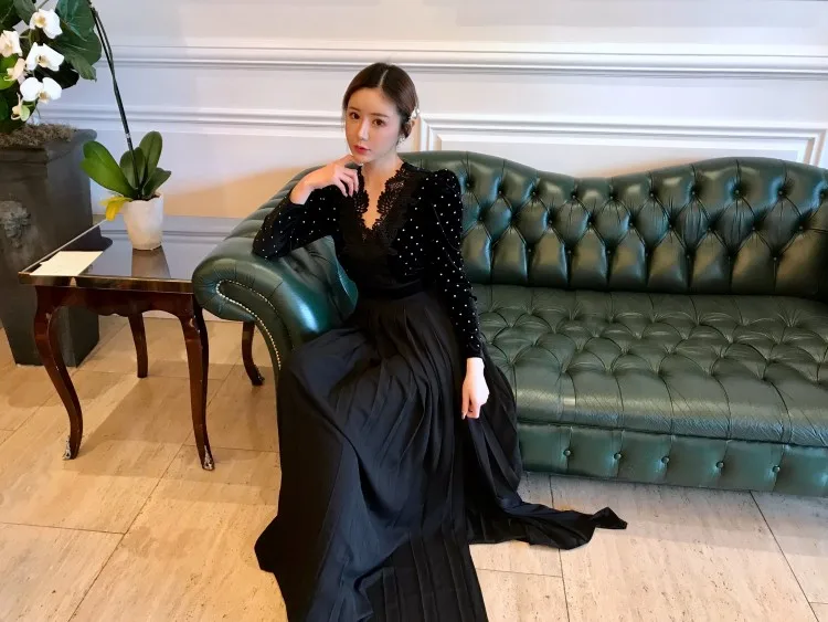 High-end Winter Black Diamonds Maxi Long Dress Women Self Portrait Patchwork Slim Bodycon Pleated Dresses Party Runway Vestidos