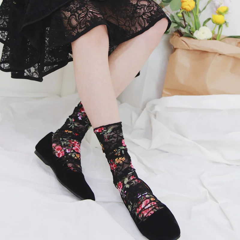 Женские модные короткие носки с цветочным принтом Модные ажурные сетчатые