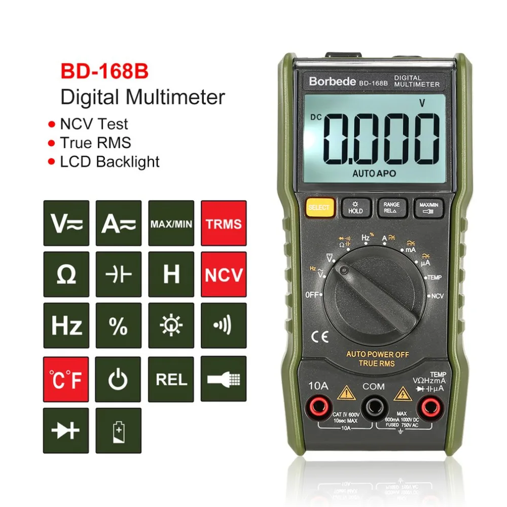 Borbede 6000 Count Digital Multimeter DC/AC Voltage Current Meter Handheld Voltmeter Diode NCV Tester True RMS with Flashlight |