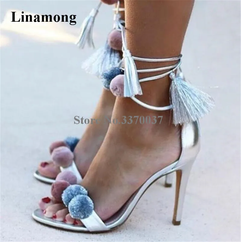 

Hot Selling Women Fashion Pom-pom Open Toe Stiletto Heel Sandals Lace-up Silver Gold Colorful Ball High Heel Sandals Dress Shoes