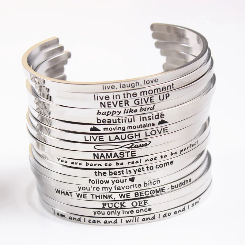 50Pcs/lot Mix Random Stainless Steel Engraved Positive Inspirational Quote Hand imprint Cuff Bracelet Rose Gold Mantra Bangle | Украшения и