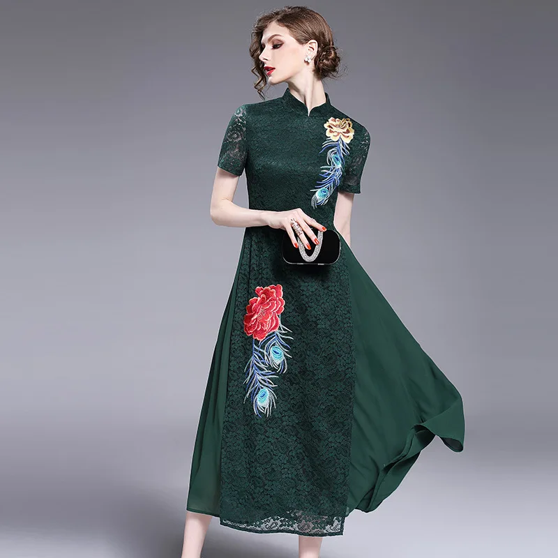 Высокая-конец Floral Summer Женщины Китайский Style Royal вышивка Dress ES элегантный тонкий Lady