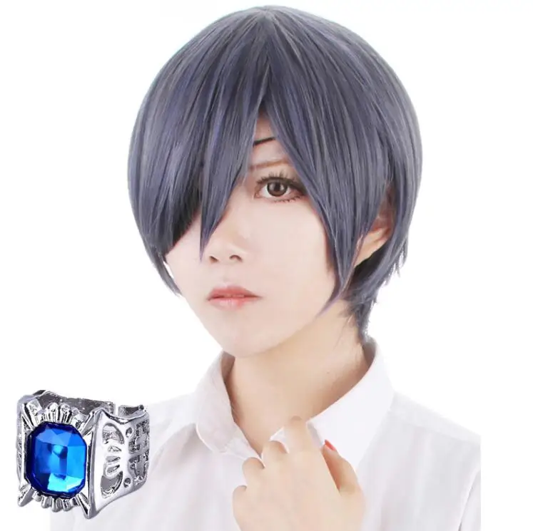Черный Дворецкий Kuroshitsuji Ciel Phantomhive короткий Смешанный серый синий термостойкий косплей костюм парик+ повязка на глаза+ кольцо - Цвет: Wig And Rin