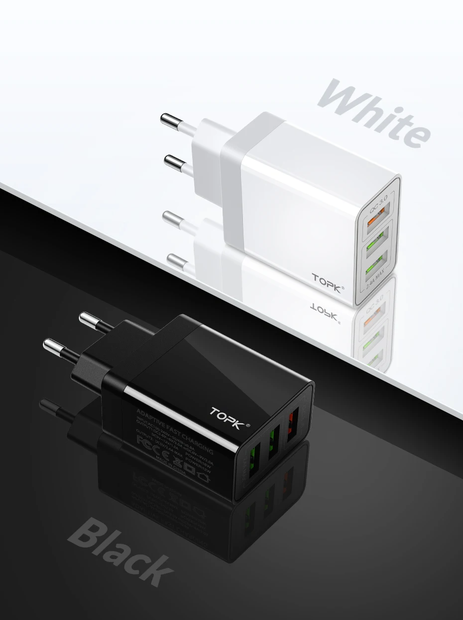 TOPK B348Q Quick Charge 3,0 USB Зарядное устройство QC3.0 быстрой зарядки нескольких Зарядное устройство для samsung S10 Xiaomi Mi9 путешествия Сетевое зарядное устройство для телефона