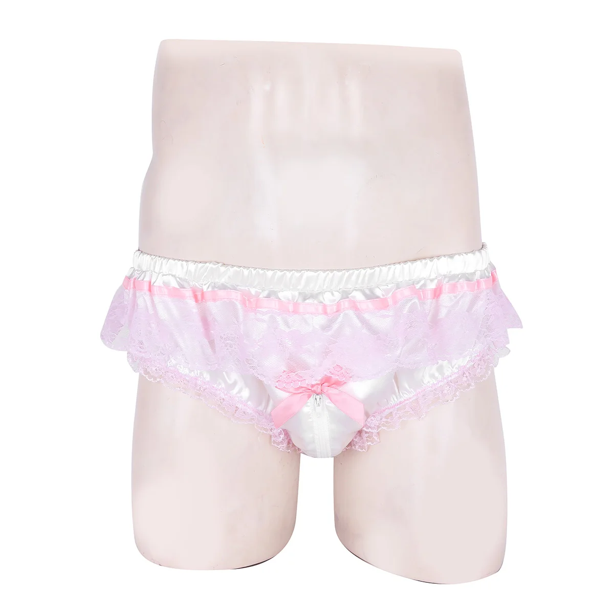 Мужские атласные трусы с оборками розовые кружевные на молнии высоким вырезом
