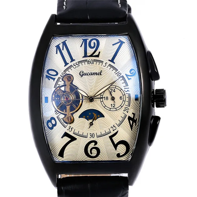 GUCAMEL Tourbillon Платье Мужские часы в деловом стиле Роскошные Tonneau деловые часы для мужчин водостойкий кожаный мужской reloj hombre - Цвет: 10