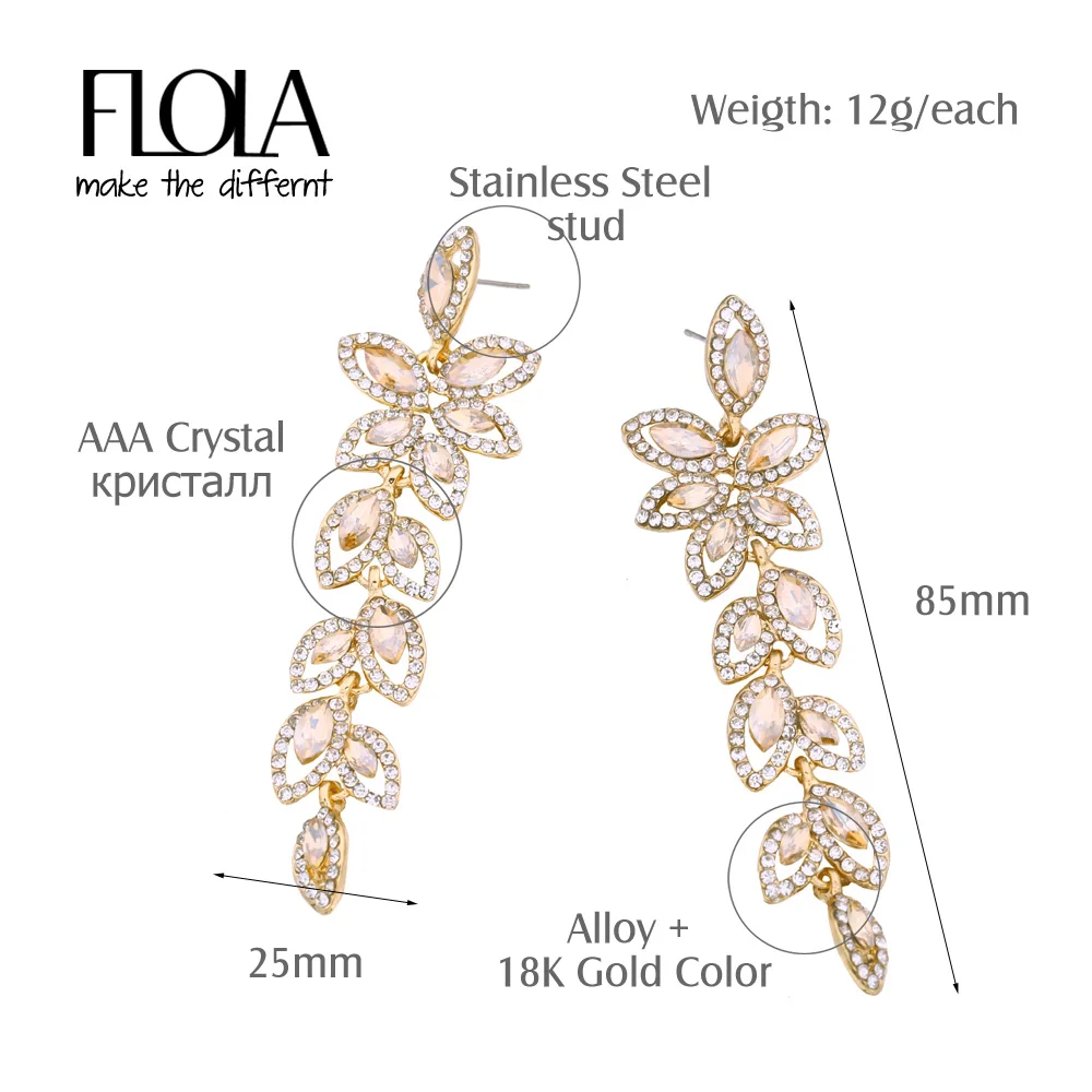 Длинные висячие серьги FLOLA с кристаллами и листьями для женщин роскошные