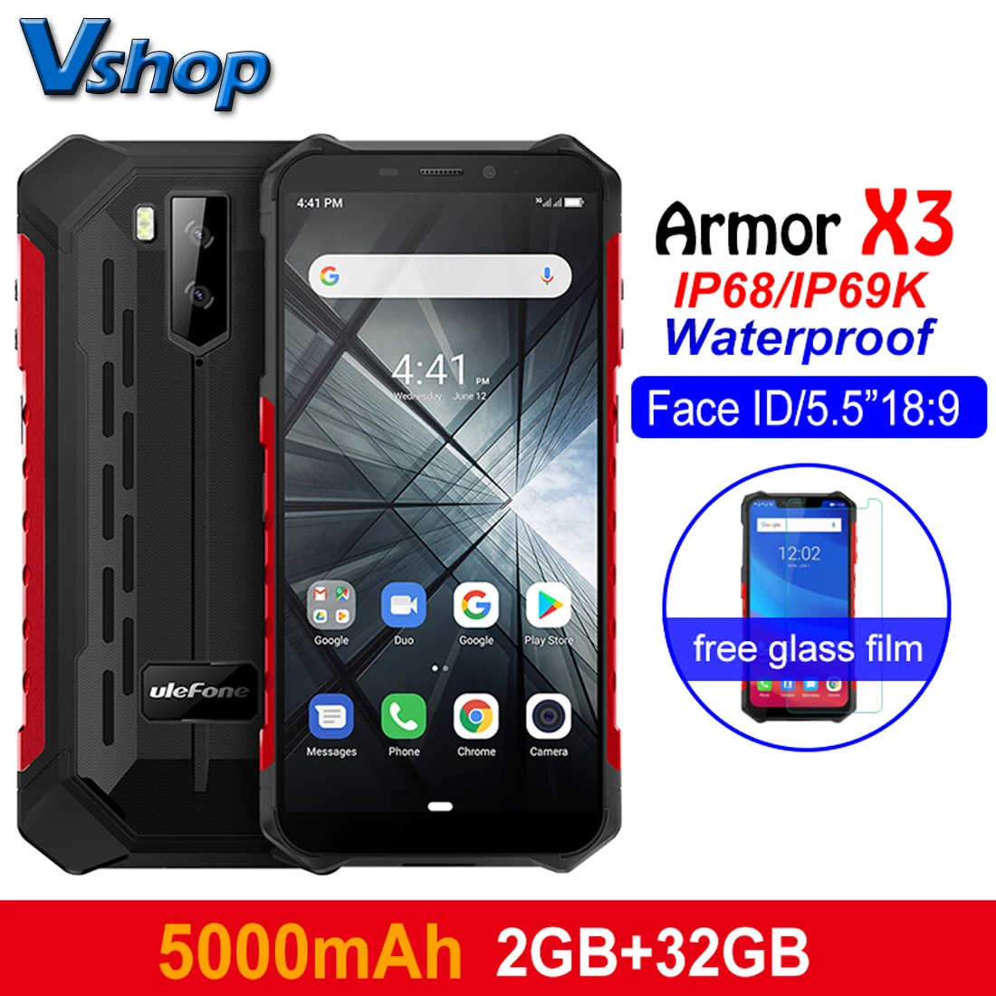 Смартфон Ulefone Armor X3 прочный Android 9 0 IP68/IP69K 2 ГБ + 32 5 дюйма HD 8 Мп 5000 мАч распознавание