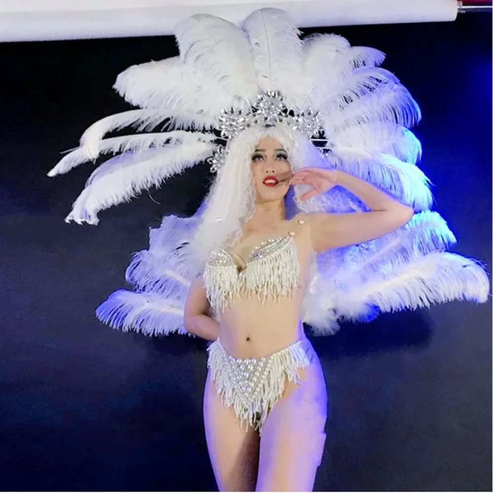 Christmas Party Performance Feather Headpiece White Snow Queen Sexy Led Light Costume for Stage