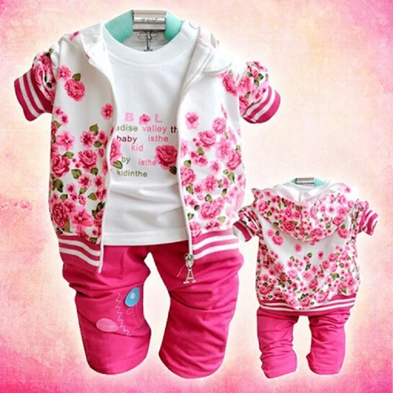 (3Pcs/lot) Infant Floral Outfits Sets Children Clothing Hooded Coat+T Shirt+Pants Kids Casual Suit Baby Girls Clothes Set | Детская