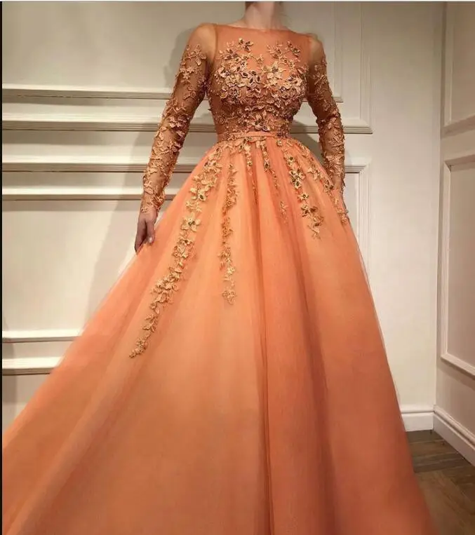 Популярный оранжевый Длинные рукава арабские вечерние платья отвесный вырез