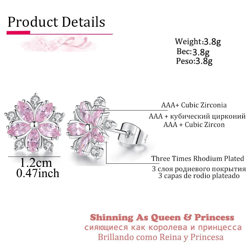 Fashion Flower Shape Zircon Pink Wedding Earrings for Women with Silver Color Crystal Korean Indian Stud Earrings Brincos