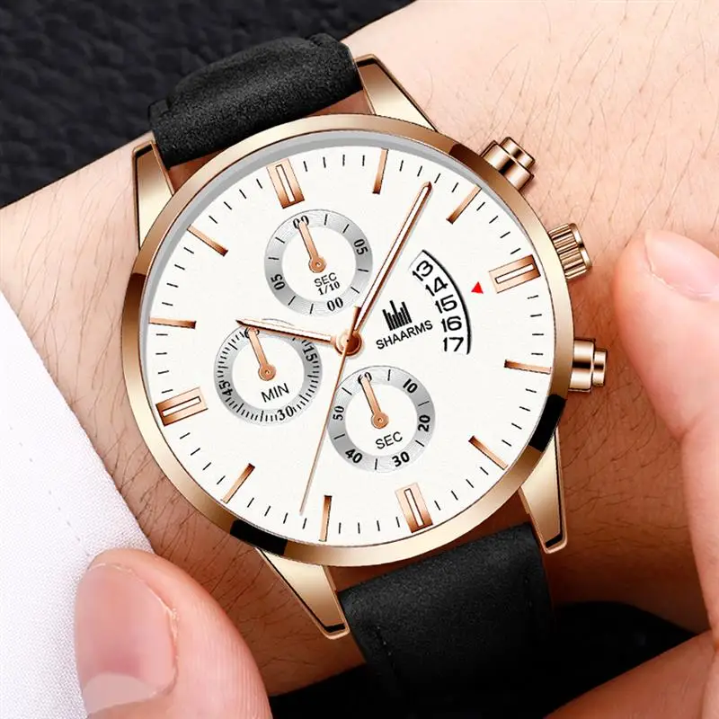Мужские модные повседневные часы SHAARMS кожаный ремешок из нержавеющей стали