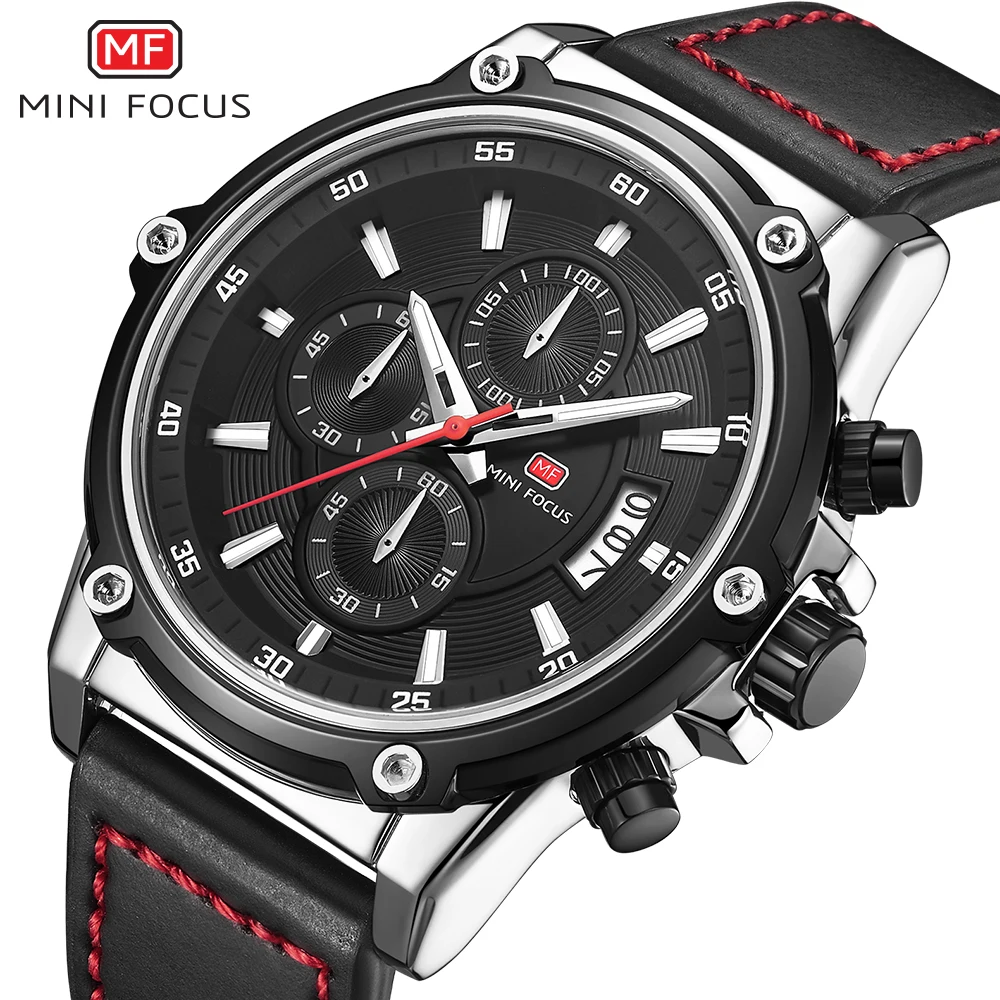 MINIFOCUS мужские часы секундомер Дата светящаяся стрелки из натуральной кожи 30 м