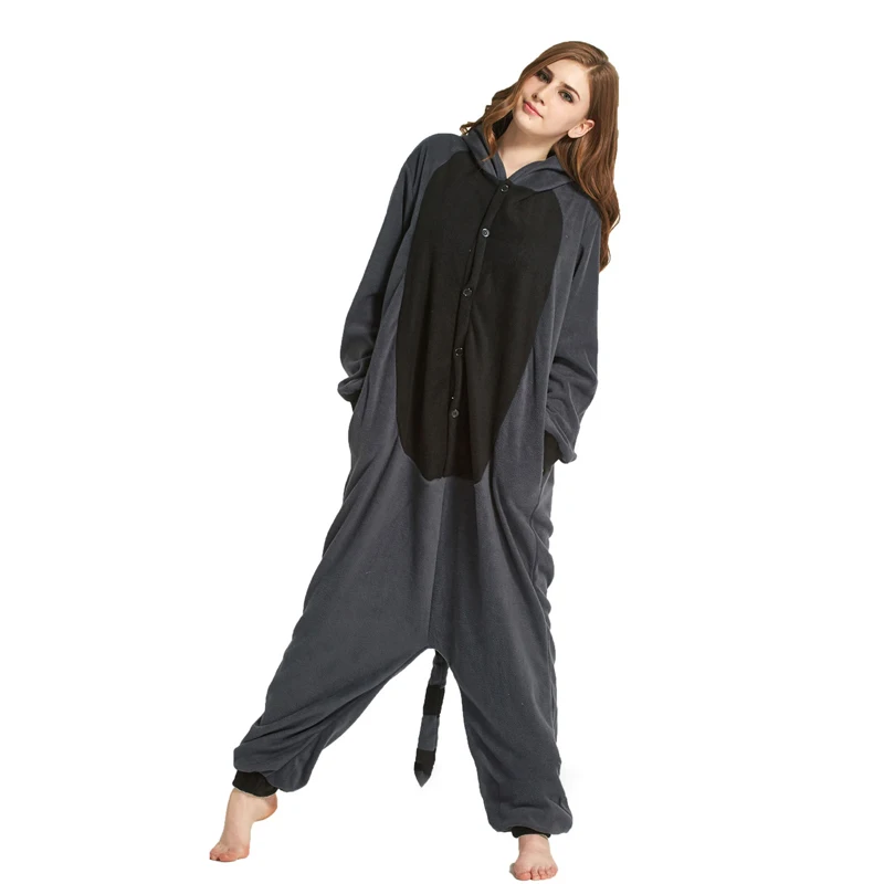 Прямая поставка серый черный Енот Onesie Kigurumi девушки Для женщин взрослых Пижама