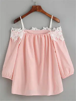 Модные женские летние кружевные блузки с открытыми плечами 2017 женская розовая