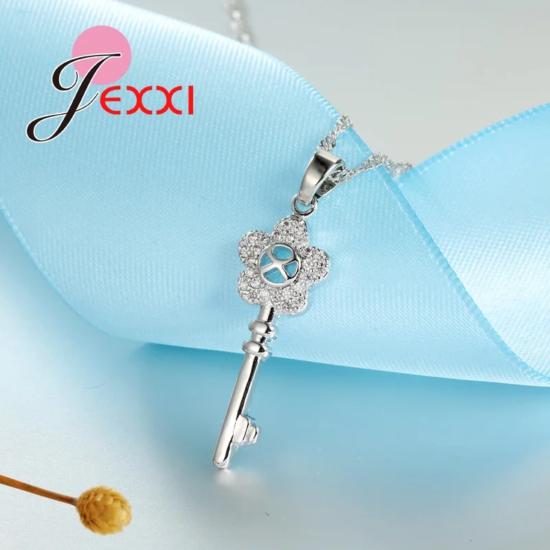 

Full Flower Key Style Jewelry Set For Female Women S925 Sterling Silver And Clear Rhinestone 1pair Earrings And 1pc Necklace