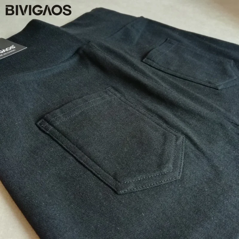 BIVIGAOS Новые Мода и досуг однотонные брюки карандаш с карманами высокой посадкой