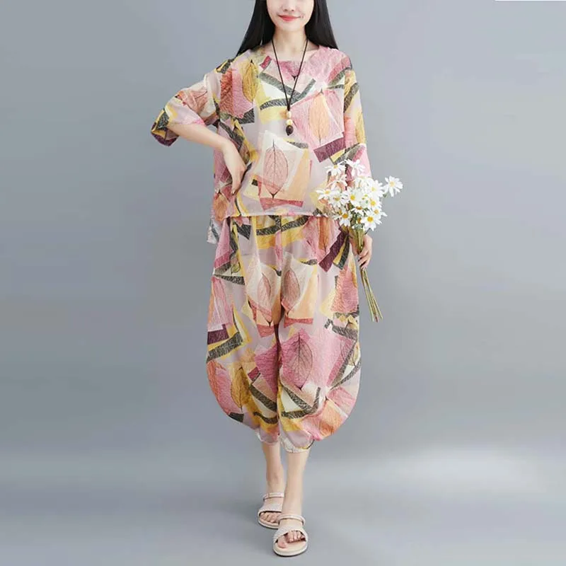 Женский шифоновый костюм из 2 предметов модный элегантный в стиле ретро с принтом