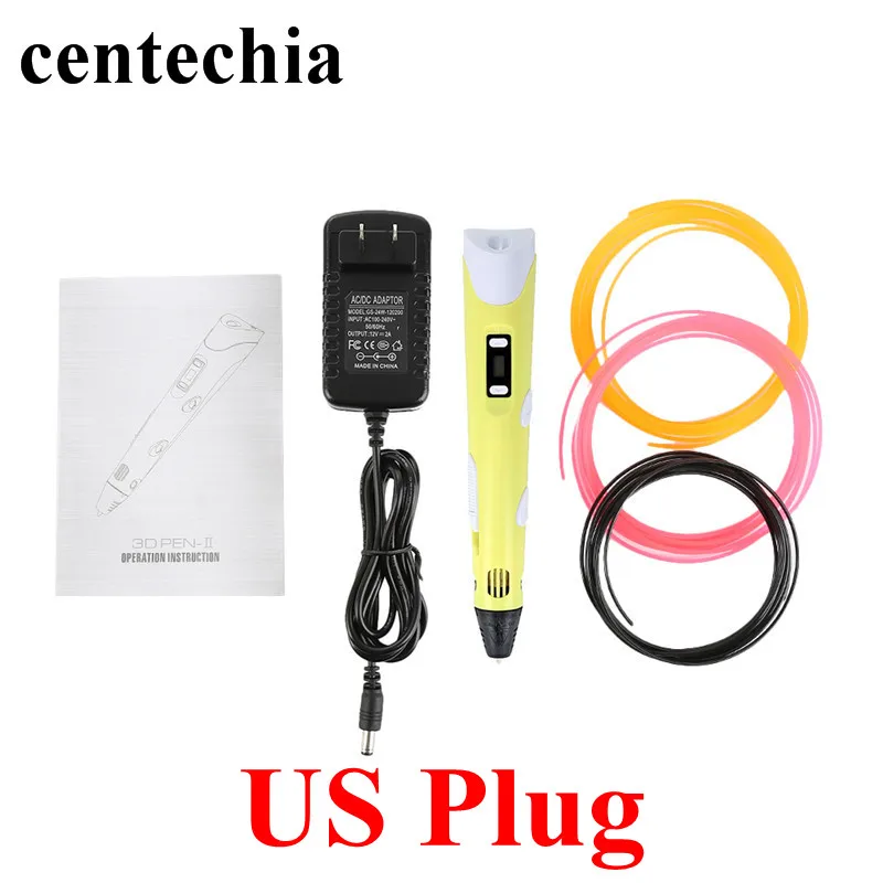 yellow Centechia 3D Ручка Рисунок «сделай сам» ручки с бесплатной 3 цветной нитью 1,75 мм Рождественский подарок на день рождения лучший для детей ЕС/США/Великобритания/AU Plug - Цвет: yellow