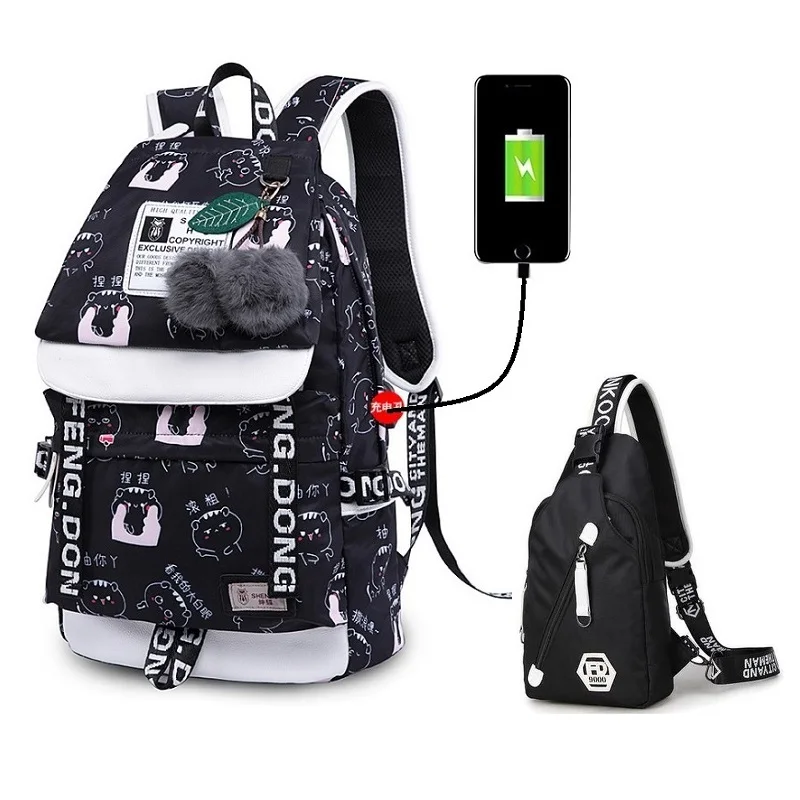 set 29 Новинка, рюкзак для ноутбука для девочек, USB, водонепроницаемый, школьная сумка, высокое качество, для студентов колледжа, брезентовый Рюкзак, escolar, аниме, с рюшами - Цвет: set 29