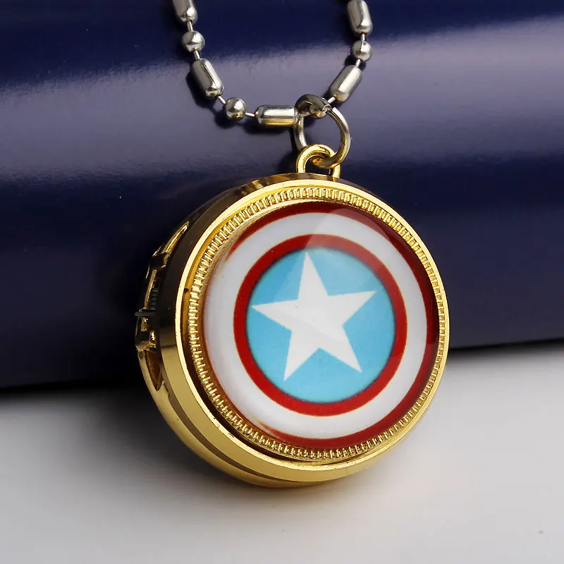 Бесплатная доставка золотистые кварцевые карманные часы Капитан Америка со