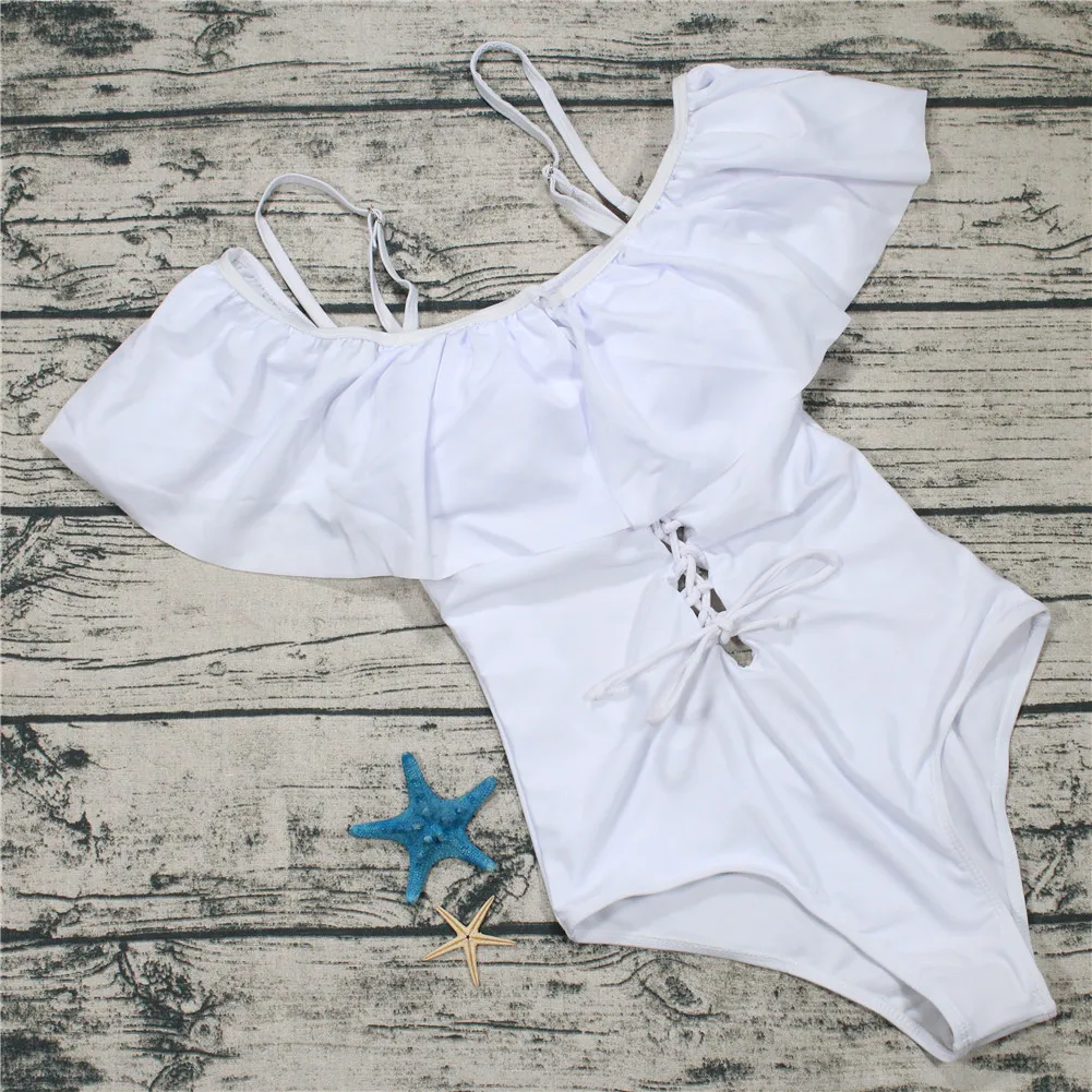 2018 черный белый розовый бандажный купальник с оборками Цельный на бретельках