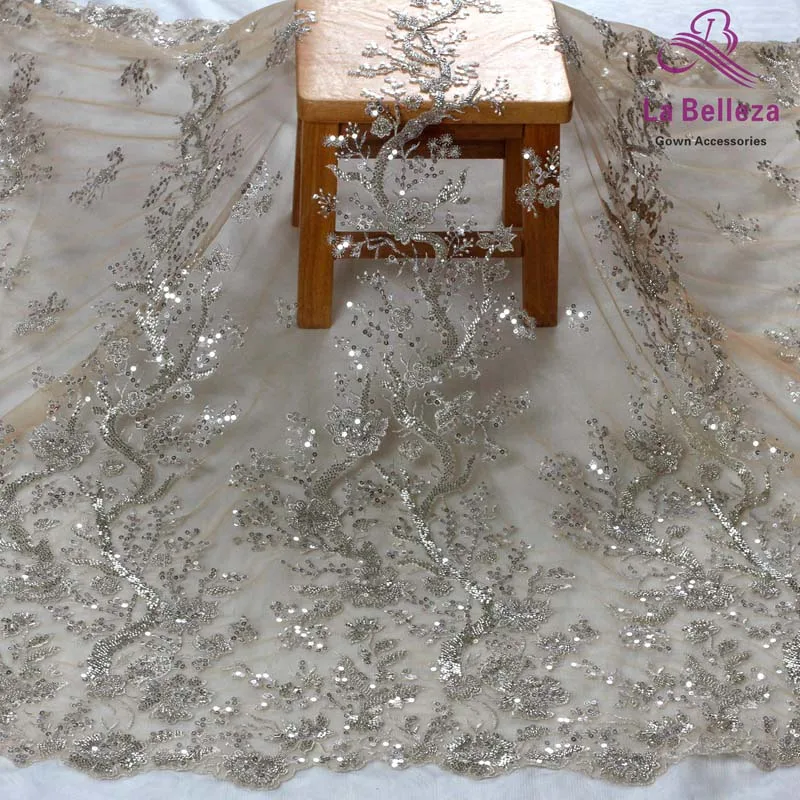 Silver La Belleza Новое свадебное платье кружевная ткань с белым бисером и блестками кружевная ткань 1 ярд - Цвет: Silver