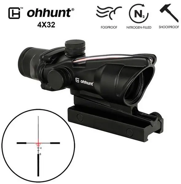 Reticle NO.1 RED Ohhunt Охота 4X32 ACOG реальный оптоволоконный прицел BDC шеврон Подкова Сетка тактические оптические прицелы для cal. 223. 308 печать логотипа - Цвет: Reticle NO.1 RED