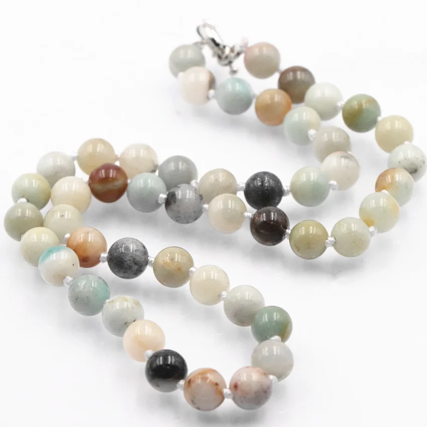 Fashion Women Bohemian Style Necklace Jewelry Knotted Amazonite Natural Gem Stone Necklaces Long Chain Round Beads Choker A727 | Украшения