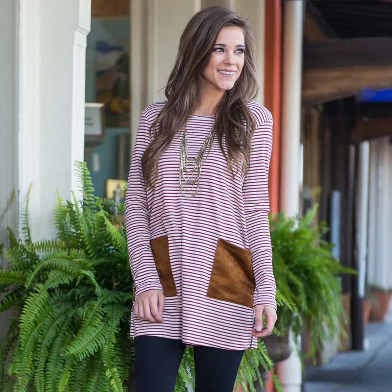 2018 New women's spring long sleeve fashion T-shirt striped printing pockets t shirts knit cotton fabric O-neck top | Женская одежда