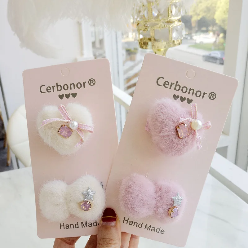 2pcs/card Girls Bow Hairpins Baby Heart Hair Accessories Fashion Hairgrip For Kids Wool Children Cute Headdress Infant Barrettes | Детская