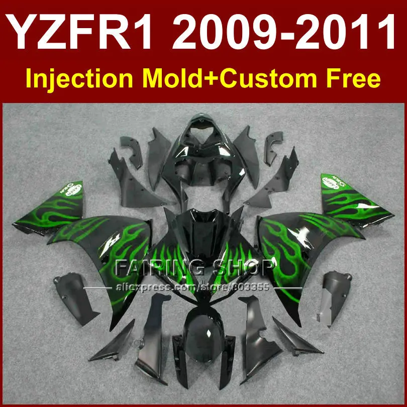 

Green flame motorcycle fairings for YAMAHA Injection mold YZF R1 09 10 11 12 R1 bodyworks YZF1000 YZFR1 2009 2010 2011+7Gifts