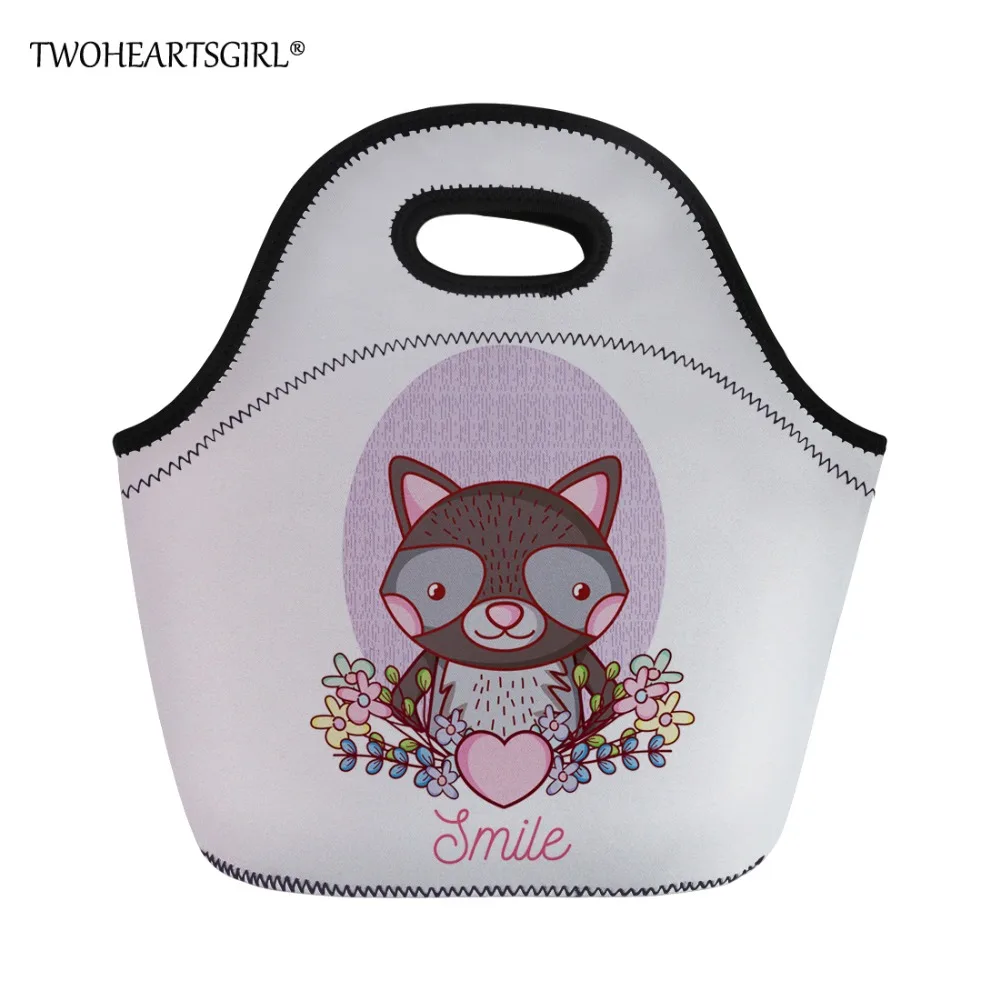 

Twoheartsgirl Raccoon Floral Prints Neoprene Lunch Bag Thermal Insulated Food Bag for Women Kids Lunch Bag with Zipper Lunch Box