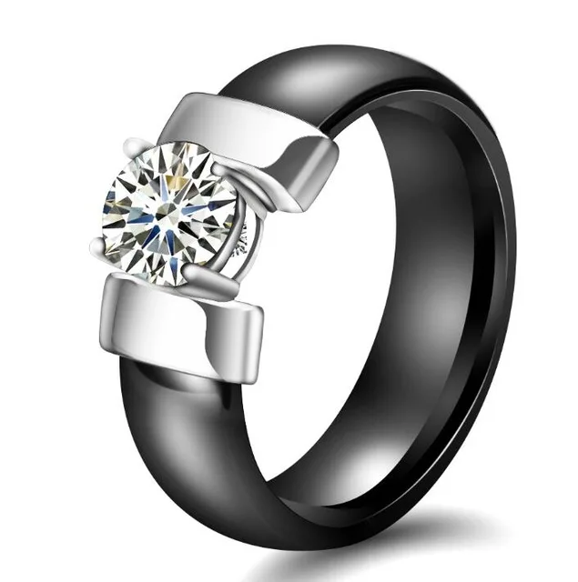 black and silver Белый Черный 6 мм керамические кольца плюс кубический цирконий для женщин золотой цвет из нержавеющей стали женские свадебные ювелирные изделия, обручальное кольцо - Цвет основного камня: black and silver