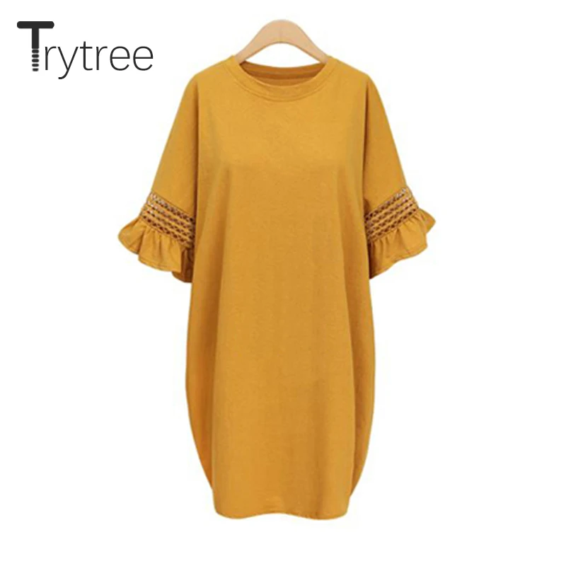 Trytree летнее женское платье повседневное одноцветное 2 цвета с круглым вырезом