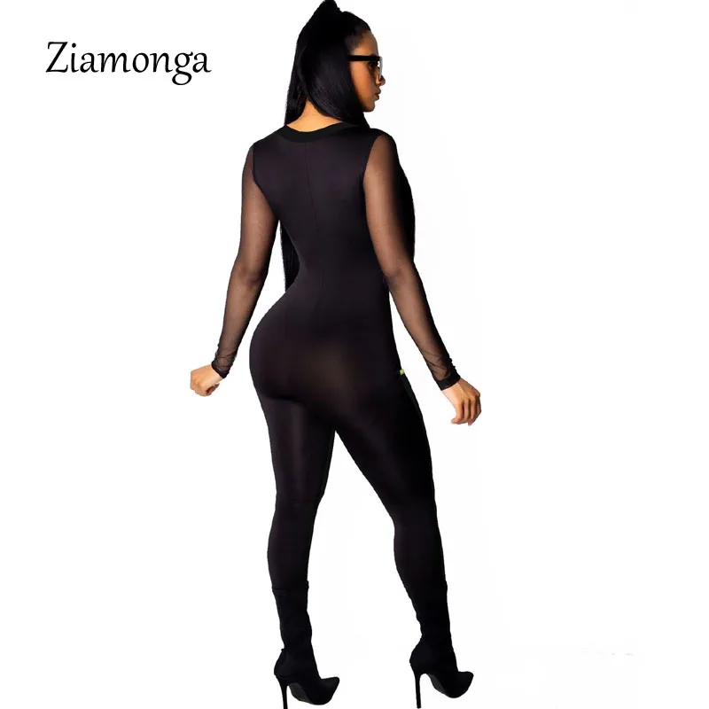 Ziamonga Европейская мода осень сетки Сексуальная Bodycon комбинезон Черный боди с